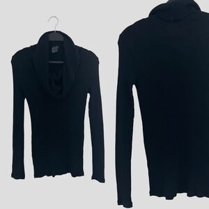 Michael Stars Cotton Blend Black Cowl Neck Long Sleeve Ribbed Knit Top USA OS